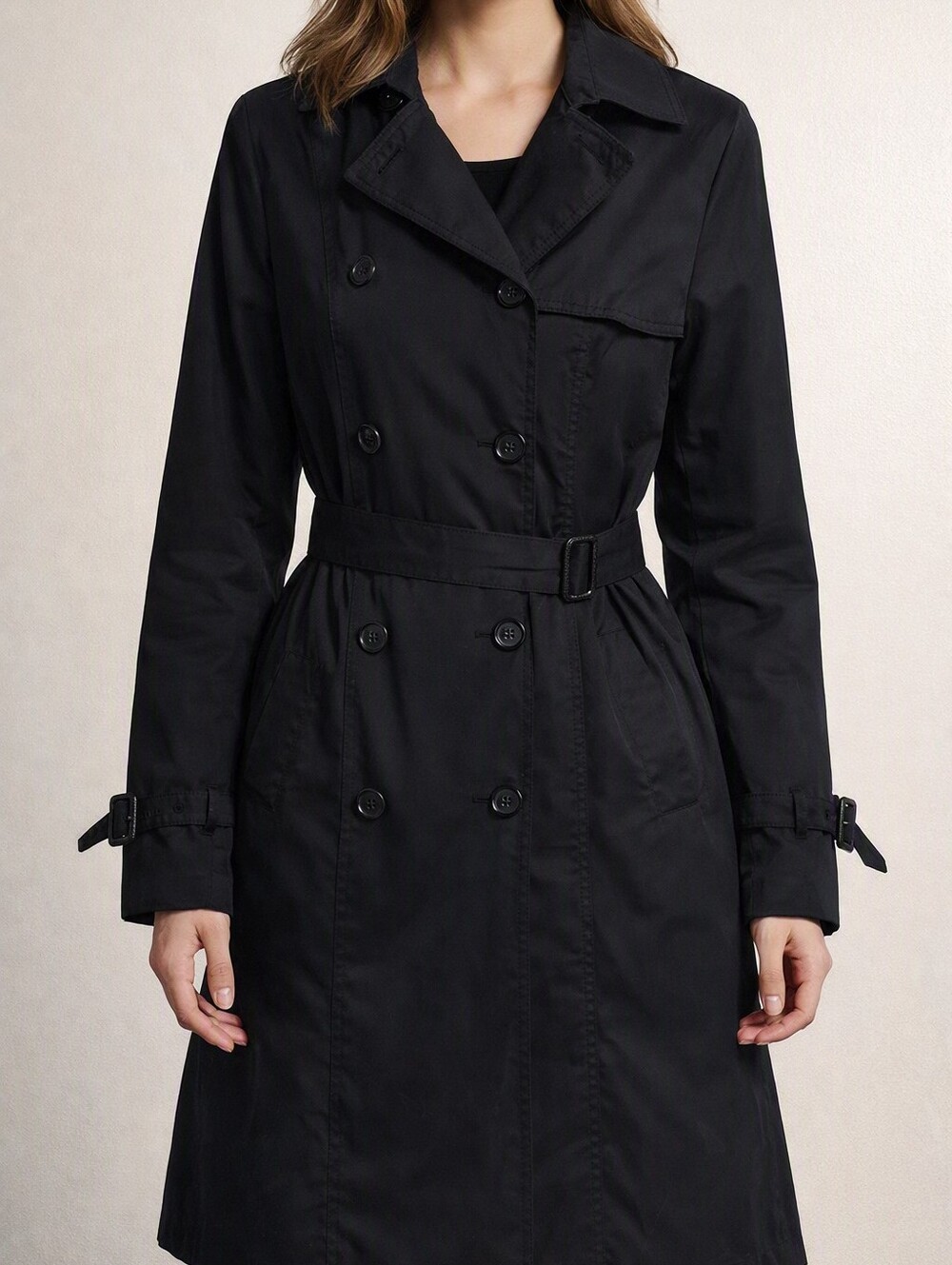 Eddie Bauer Trench Coat Women's Size XL Black Belt Long Business Classic